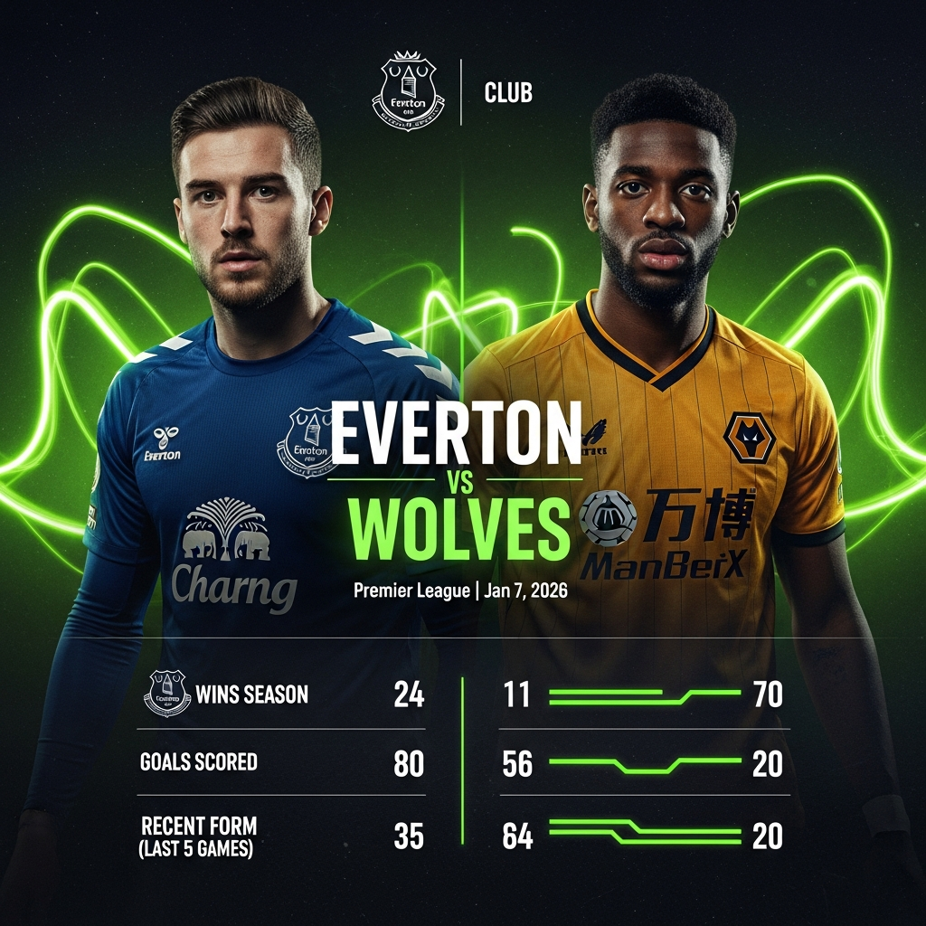A dramatic, split-screen thumbnail featuring determined Everton and Wolves players with vibrant lime green text "EVERTON vs WOLVES".