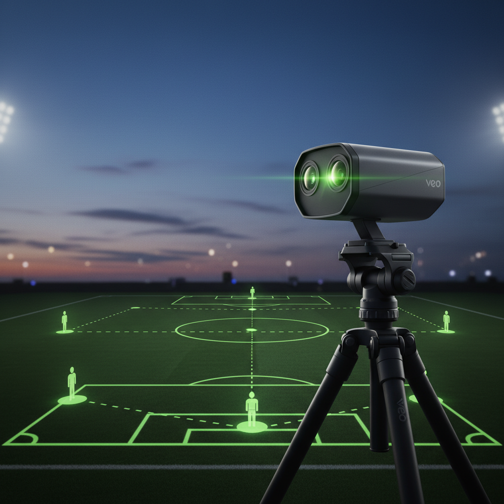 Veo AI camera automatically recording a football match, shown with a dark and lime green color scheme.