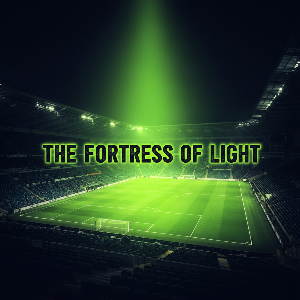 A stylized image of Sunderland's Stadium of Light at night, rendered in dark, moody tones with the pitch glowing an intense, vibrant lime green. The text "THE FORTRESS OF LIGHT" is overlaid in a strong, dark, blocky font, conveying hope and defiance.