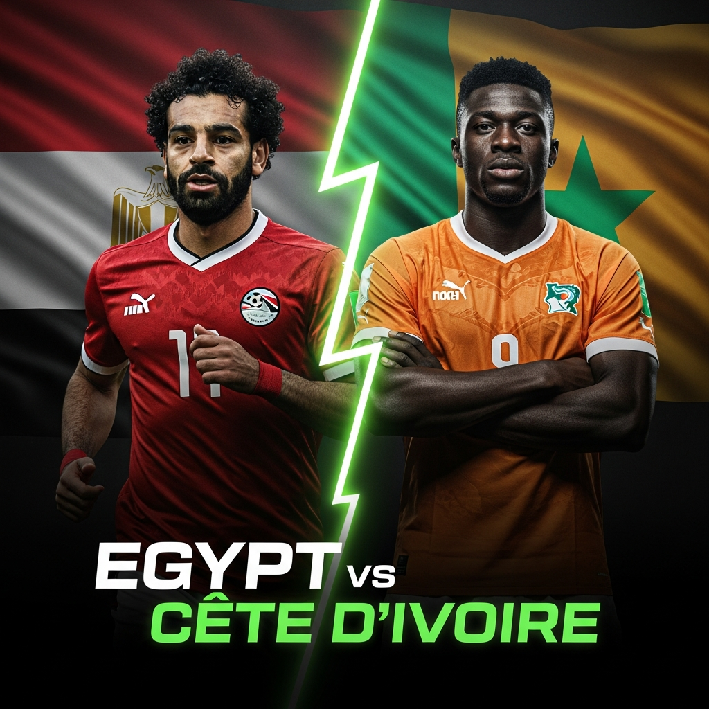 A dramatic, high-contrast sports thumbnail with Egypt vs Côte d'Ivoire
