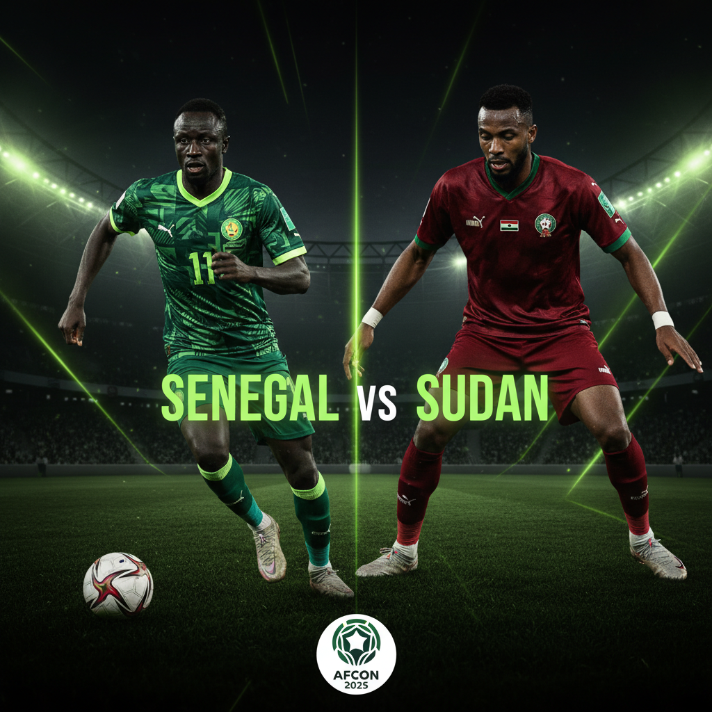 The official match ball on the pitch before the Senegal vs Sudan AFCON 2025 knockout match, with a dark and lime green color scheme.