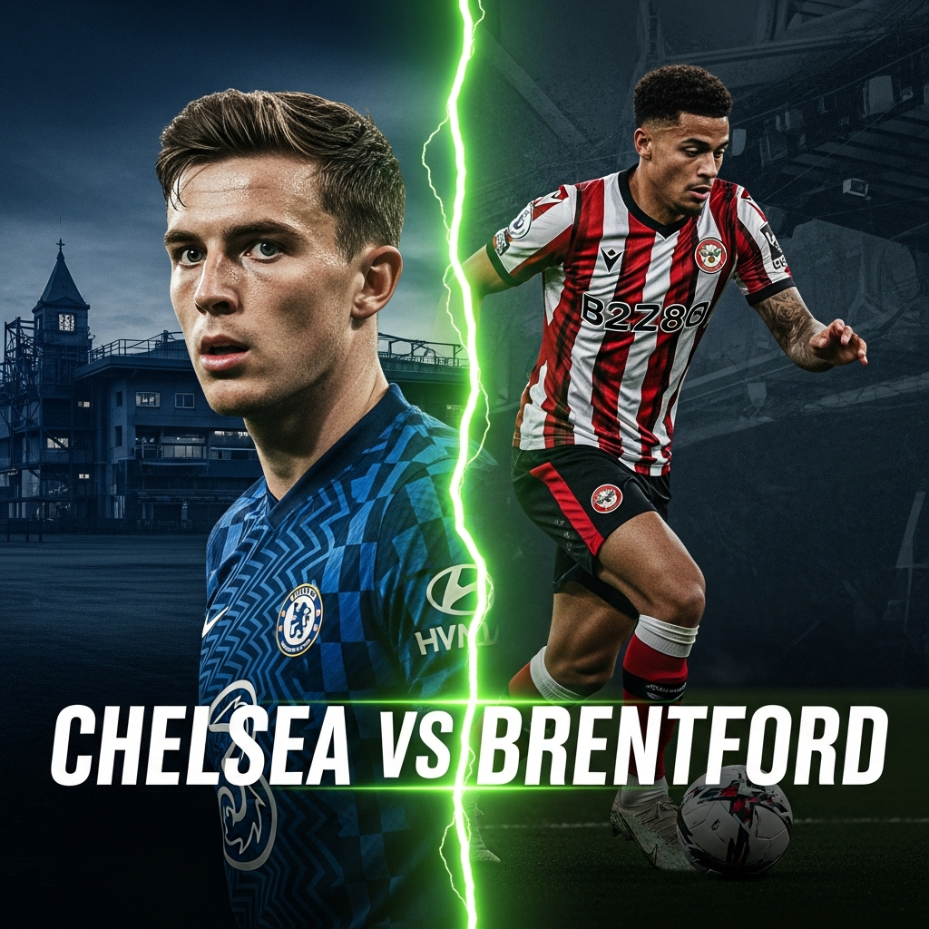 A cinematic split-screen thumbnail showing Chelsea player Cole Palmer and a Brentford player, separated by a jagged lime green line, with "CHELSEA vs BRENTFORD" text overlaid.