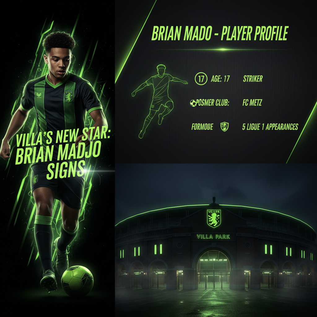 Profile graphic of Brian Madjo highlighting his key career statistics with a dark and lime green color scheme.