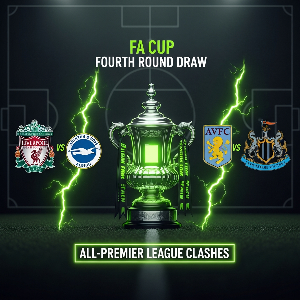A moody, cinematic graphic for the FA Cup fourth round featuring the trophy and club crests, glowing with lime green light.