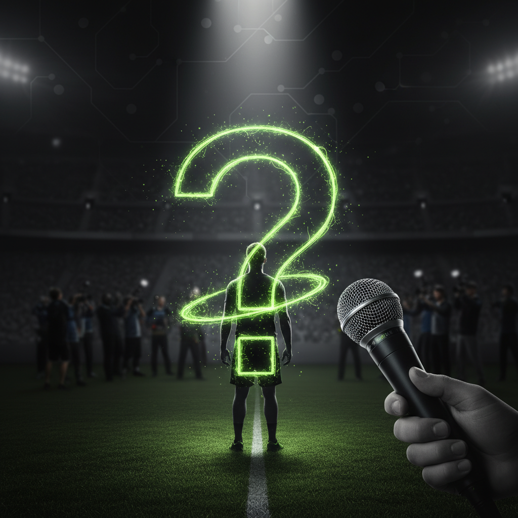A glowing lime green question mark on a dark background, symbolizing insightful interview questions for athletes.