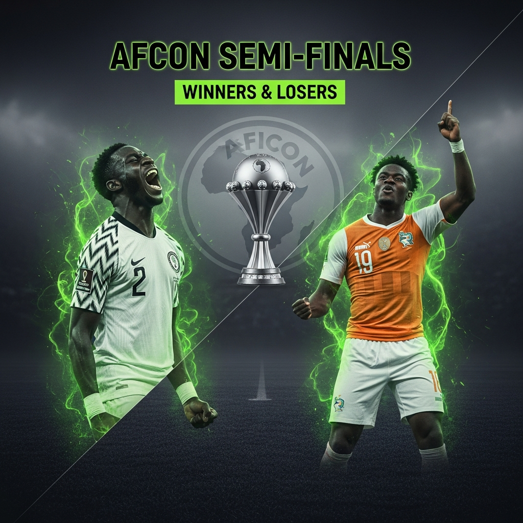 A high-impact, 16:9 digital art image for an AFCON semi-finals blog post. The background is a dark, moody charcoal grey with a subtle texture of a football pitch. The image is split diagonally. On the left, a Nigerian player is captured mid-celebration, shouting with joy. On the right, an Ivorian player raises his arms in triumph. Both players are rendered in a hyper-realistic style but are artistically infused with a lime green energy glow. Floating between them is a stylized, semi-transparent AFCON trophy icon, also glowing in lime green. The text "AFCON SEMI-FINALS" is written in a bold, dark, modern font at the top, with "WINNERS & LOSERS" in a smaller lime green font below it.