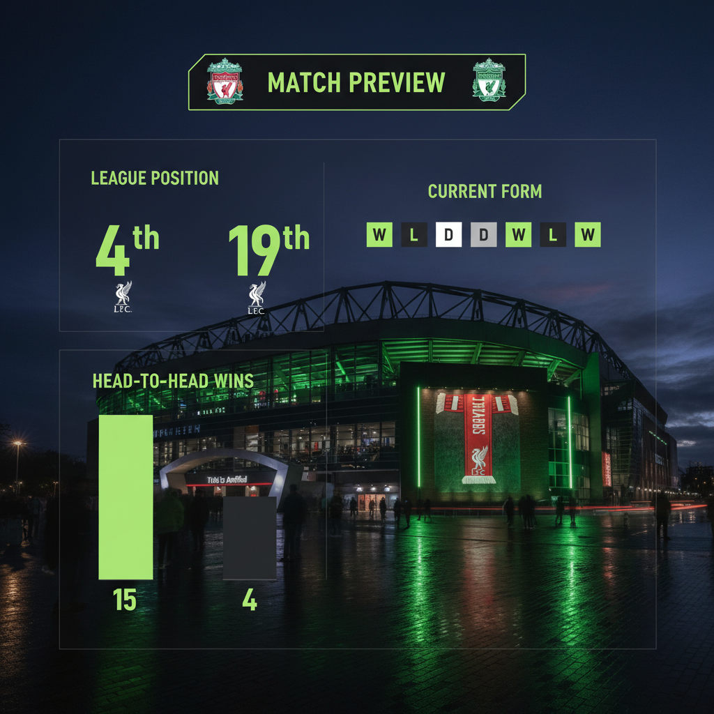 A dark-themed infographic with lime green text comparing key Premier League stats for Liverpool and Burnley ahead of their match.