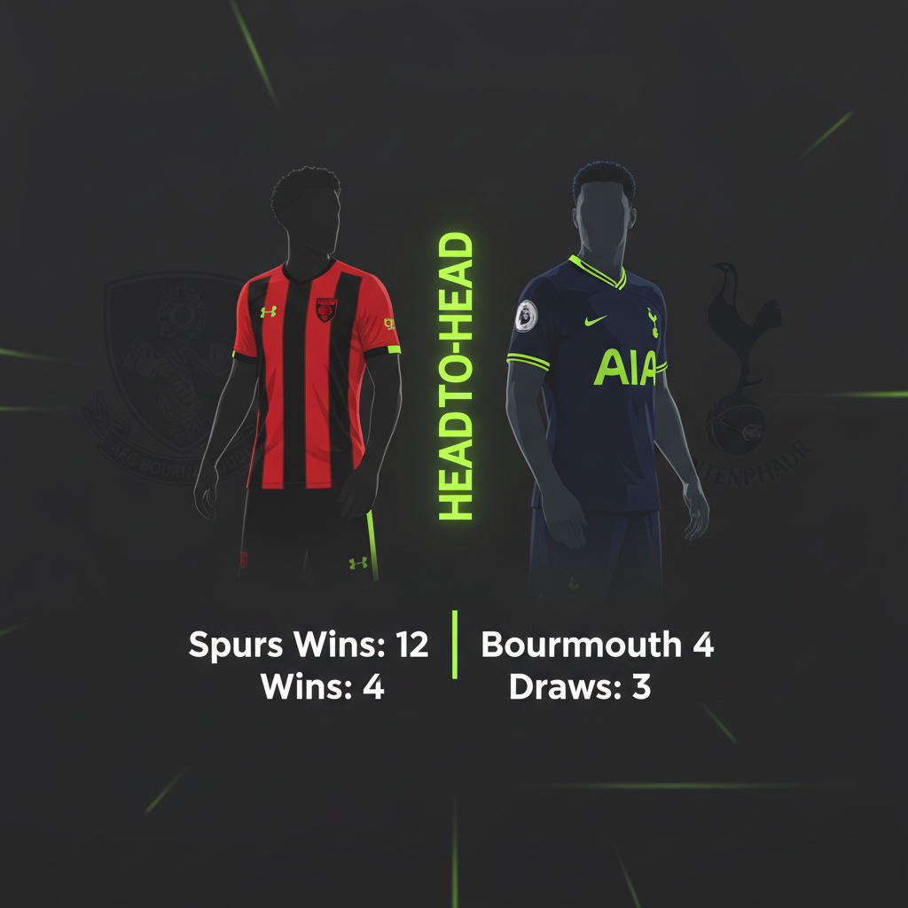 Head-to-head statistics for Bournemouth vs Tottenham Hotspur in a lime green and dark graphic.