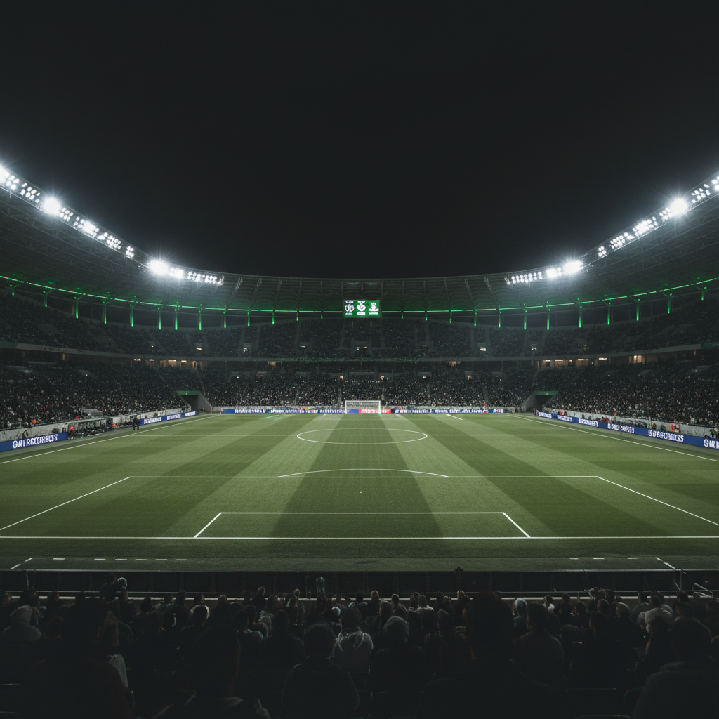 The Stade de Marrakech at night, illuminated for AFCON 2025, with a dark and lime green color scheme.