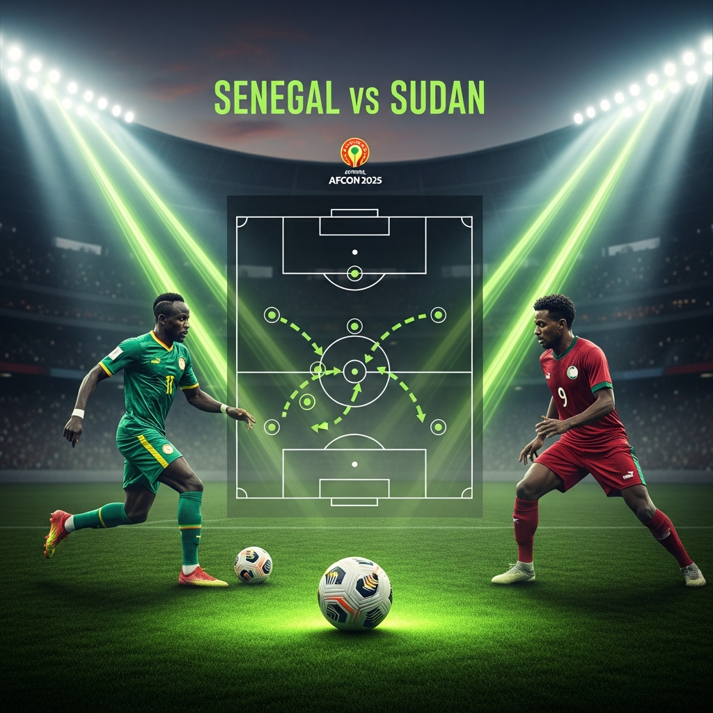 A dynamic, high-contrast 16:9 thumbnail depicting a match between Senegal and Sudan, featuring Sadio Mané and a Sudanese player, set against a dark stadium with lime green light trails.