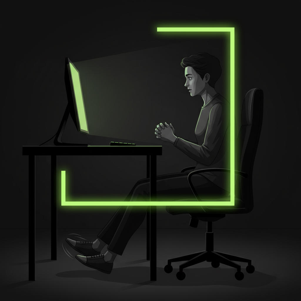 Illustration showing how a video call only captures the upper body, missing body language cues like a tapping foot.