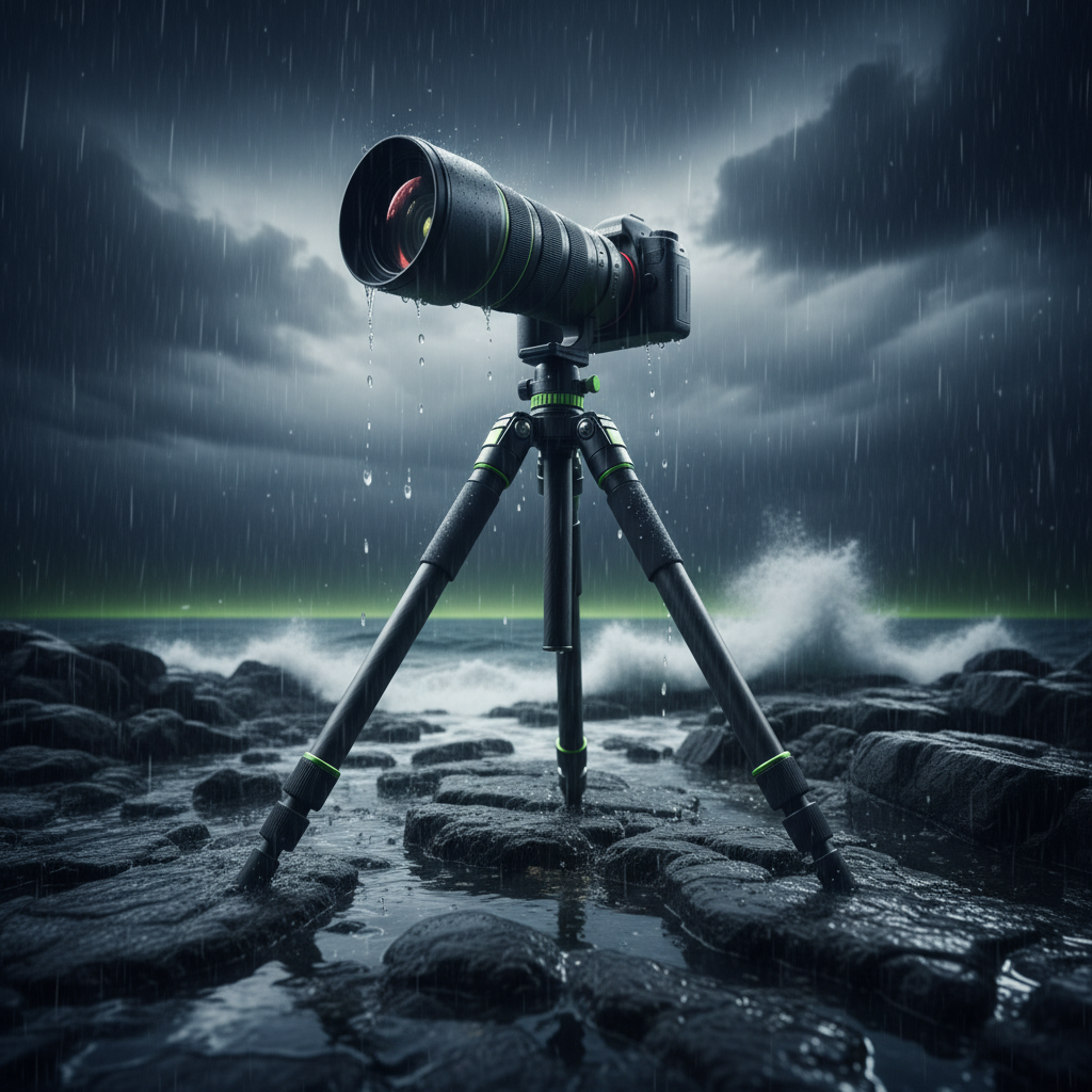 The durable Peak Design Travel Tripod standing steady on a rocky, wet shoreline during a storm with a dark and lime green color theme.
