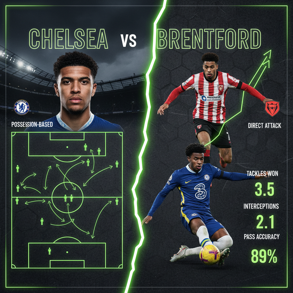 A tactical map showing Chelsea’s central attack versus Brentford’s wing play, designed with a dark theme and lime green highlights.
