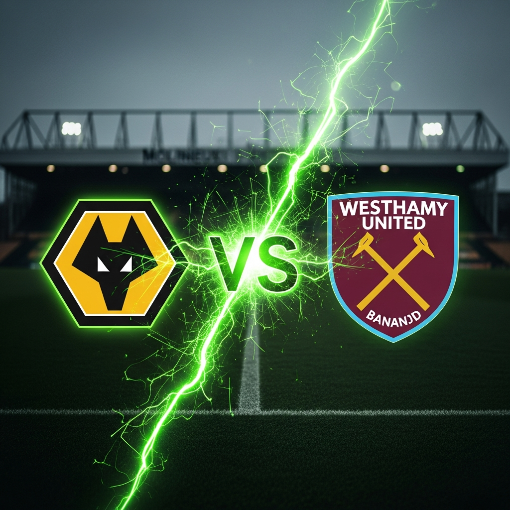 Dramatic 16:9 thumbnail showing Wolves and West Ham crests clashing with lime green energy at Molineux