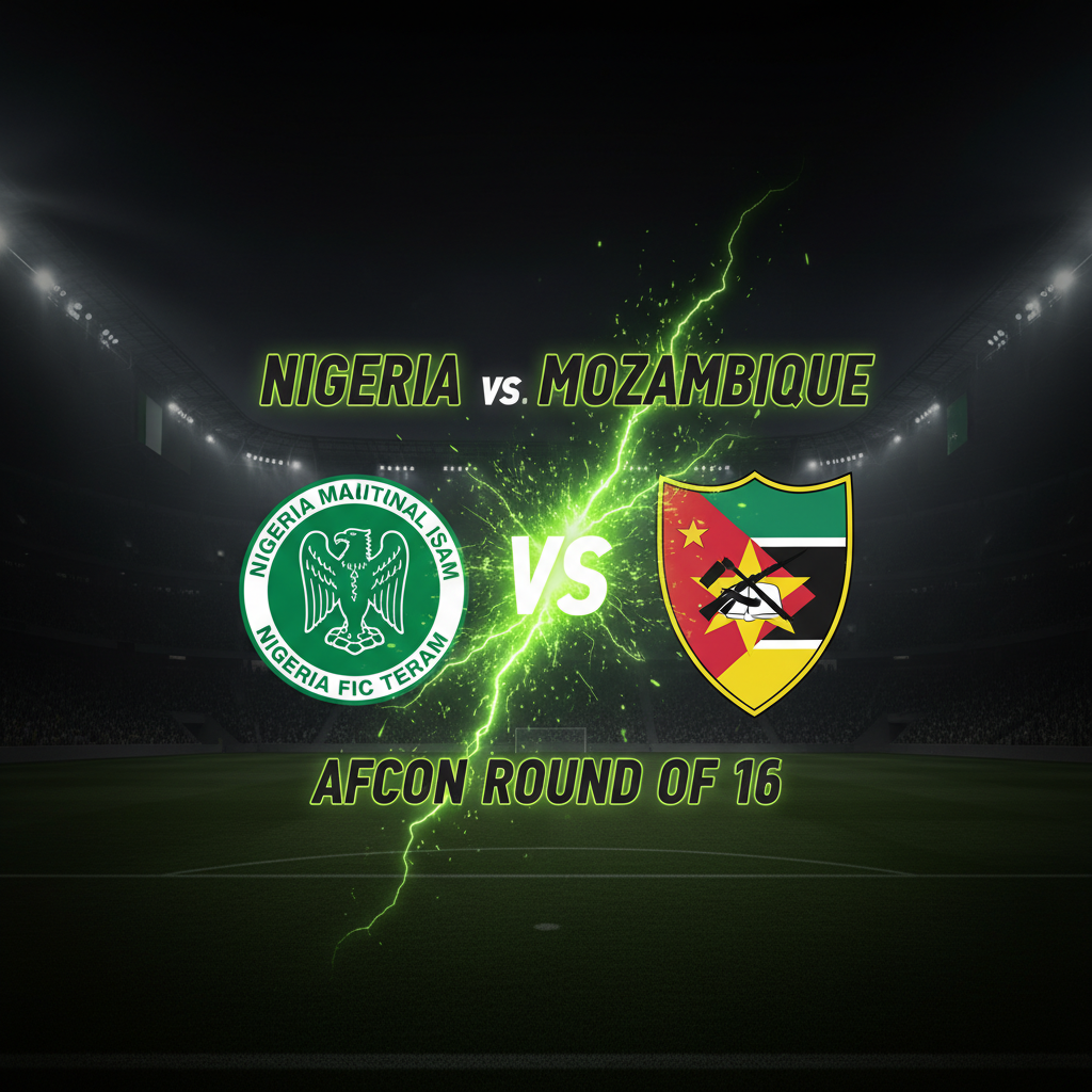 Nigerian Super Eagles players celebrating a goal with a lime green and dark background.