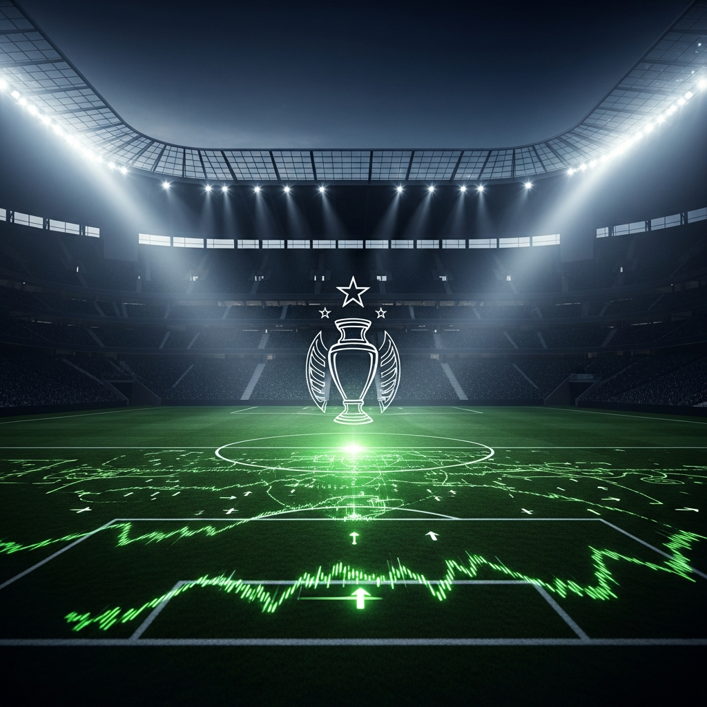 A cinematic, dark-themed 16:9 image of a futuristic, empty football stadium at night under spotlights. The pitch is a deep, dark green, almost black. Glowing, vibrant lime green tactical lines and player movement patterns are overlaid on the pitch, creating a sense of high-tech strategy. In the center, a semi-transparent, glowing lime green crest representing a generic European football competition (a mix of a star and a cup) hovers above the center circle. The overall mood is dramatic, intense, and modern.