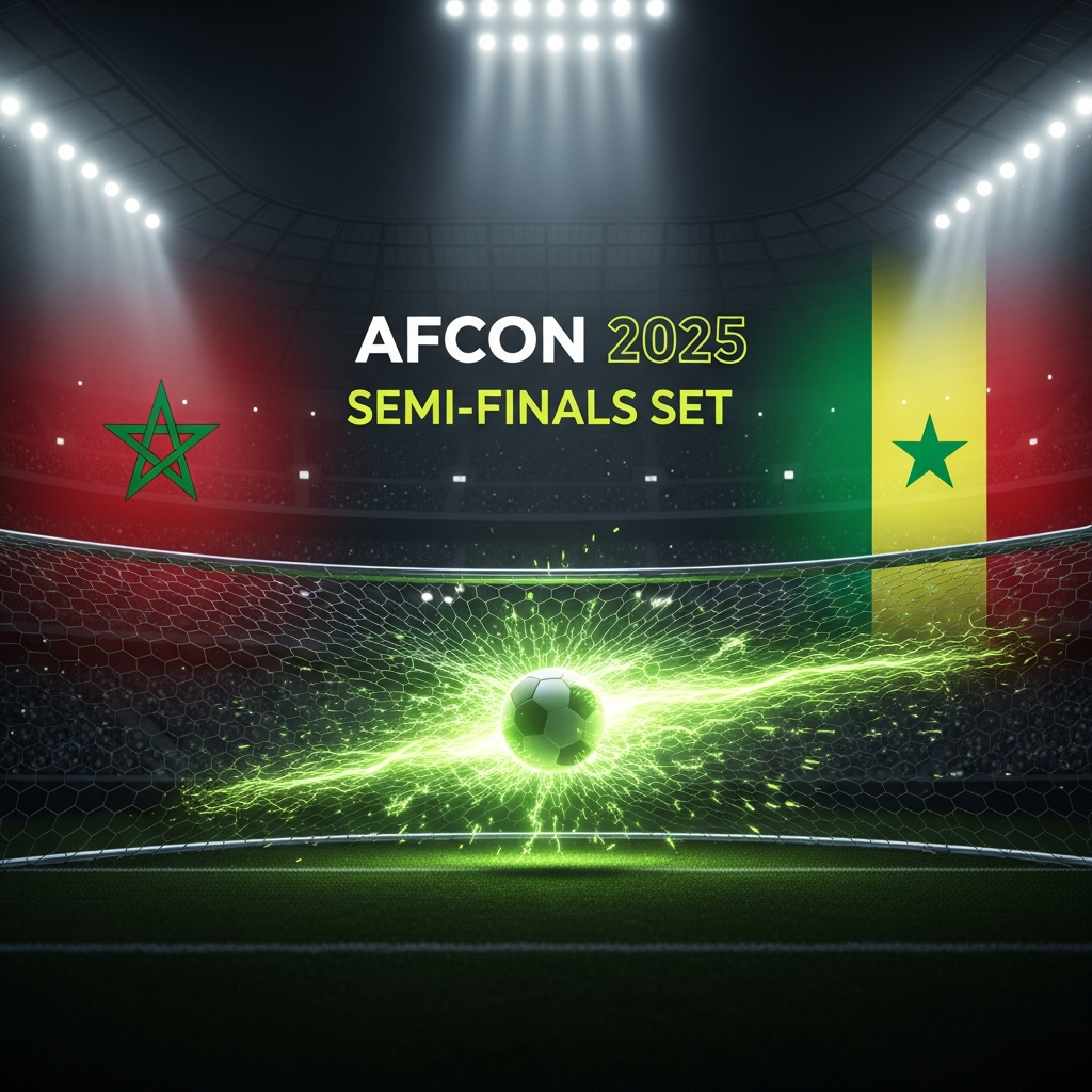 A hyper-realistic, dark-themed digital art piece for the AFCON 2025 quarter-finals. The background is a dark, atmospheric football stadium at night, with dramatic spotlights. In the foreground, a football explodes with lime green energy as it rips into the back of a net. To the left, subtle, glowing geometric patterns of the Moroccan flag (a red field with a green pentagram) are artistically integrated. To the right, similar glowing patterns of the Senegalese flag (green, yellow, and red vertical stripes with a green star) balance the composition. The main text "AFCON 2025 SEMI-FINALS SET" is in a bold, modern, lime green font across the center.