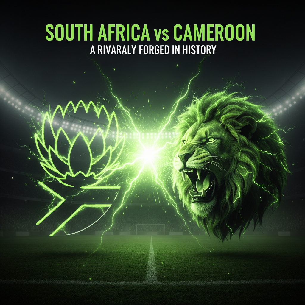 A dynamic action shot of two football players competing for the ball on a dimly lit pitch, rendered in a dark, atmospheric style with subtle lime green highlights. The focus is on the intensity of the moment.