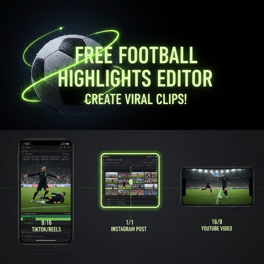 A video editor timeline showing football clips being edited with lime green highlights.