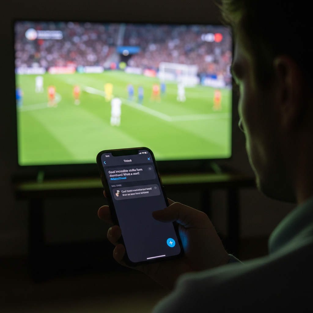 A person creating a live X thread on their smartphone during a match, with their thumb on the add tweet button.