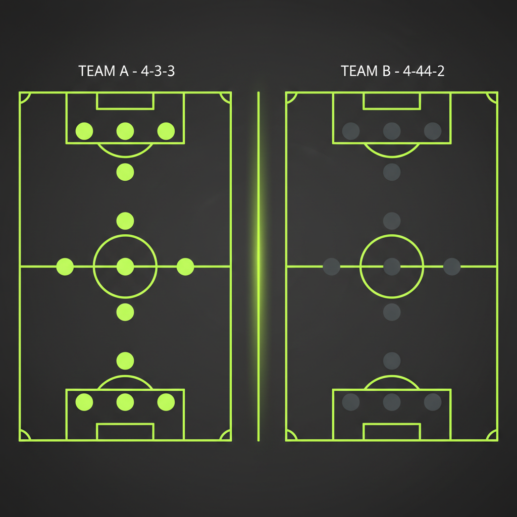 A dark-themed graphic showing two football formations with lime green and grey markers.