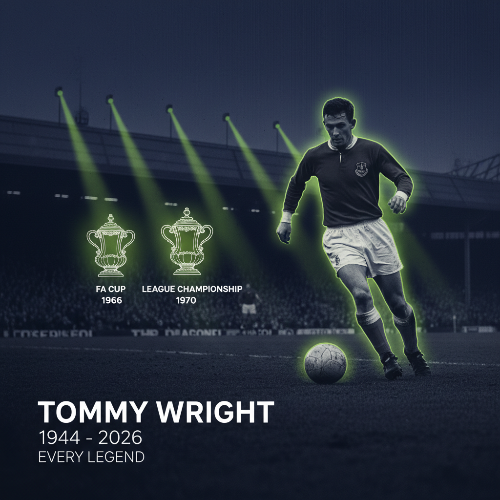 Everton legend Tommy Wright in action during the 1969-70 championship-winning season. The image is a duotone of deep charcoal black and vibrant lime green, with Wright mid-stride and a blurred background.