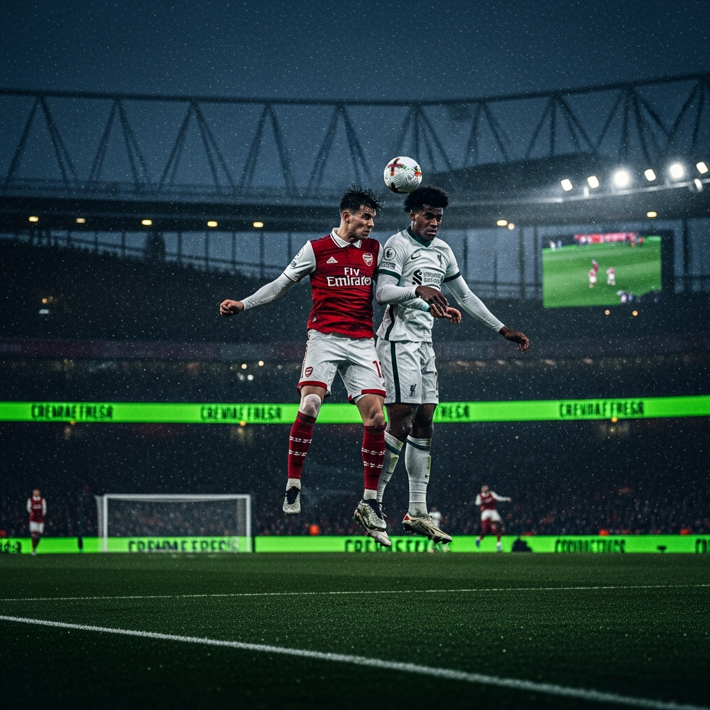A dramatic 16:9 wide shot of a tense moment in the Arsenal vs Liverpool match at a rain-soaked Emirates Stadium. An Arsenal player in their red and white kit and a Liverpool player in their away kit challenge for the ball mid-air. The stadium lights cast a dark, moody glow, with vibrant lime green digital hoardings in the blurred background. The atmosphere is electric but tense, reflecting the 0-0 stalemate.