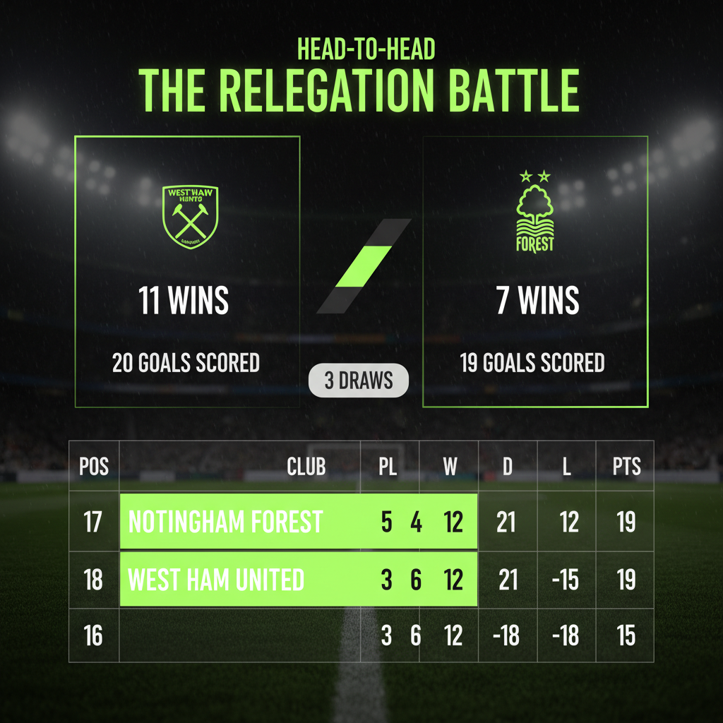 Head-to-head stats for West Ham vs Nottingham Forest in a lime green and dark theme.