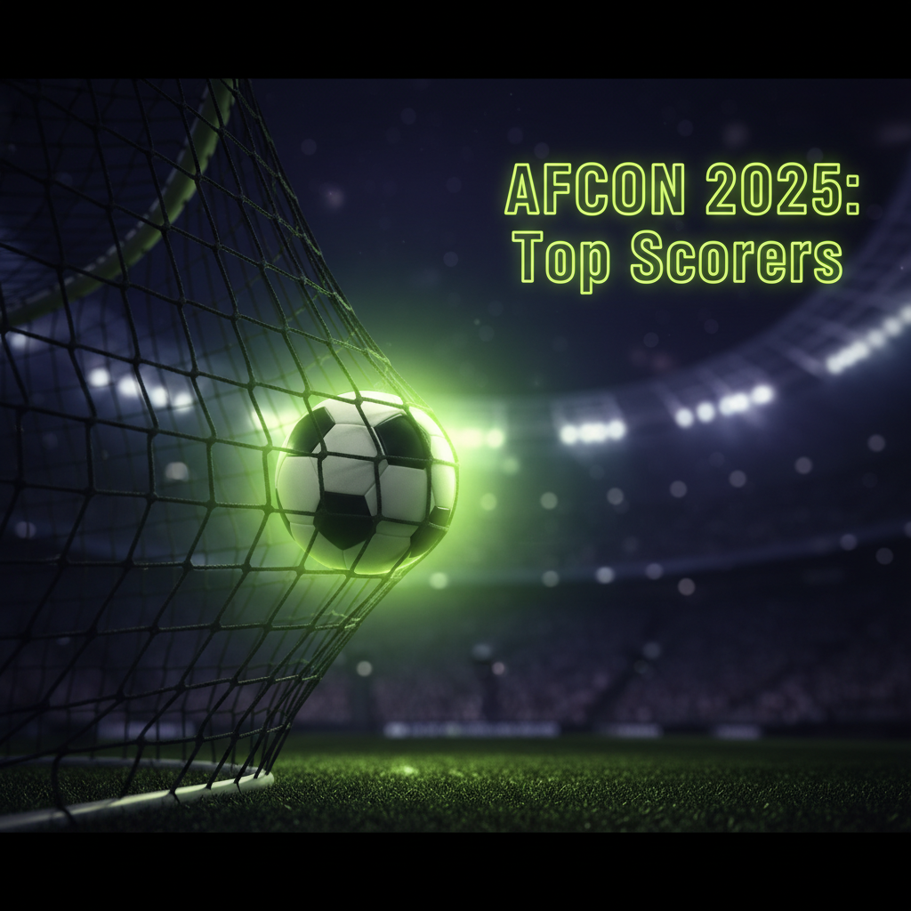 Infographic showing key AFCON 2025 qualification goal scorers against a dark and lime green background.