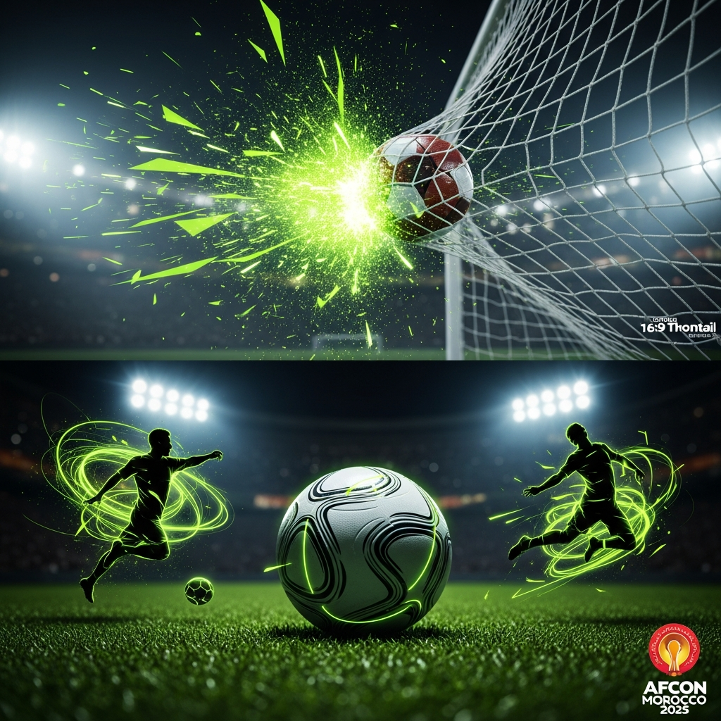 A hyper-realistic 16:9 cinematic shot of a football hitting a goal net with an explosive burst of lime green light and the AFCON Morocco 2025 logo.