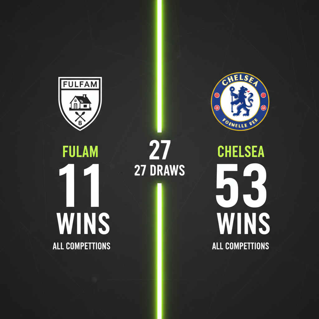 Head-to-head statistics for Fulham vs Chelsea in a dark and lime green graphic.