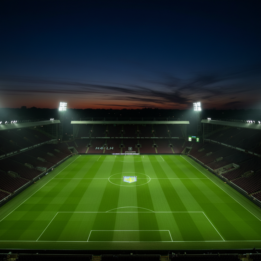 Villa Park stadium at dusk under floodlights with a dark sky and a vibrant lime green pitch.