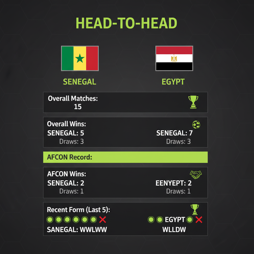 Infographic showing the head-to-head football statistics between Senegal and Egypt, with a lime green and dark color scheme.