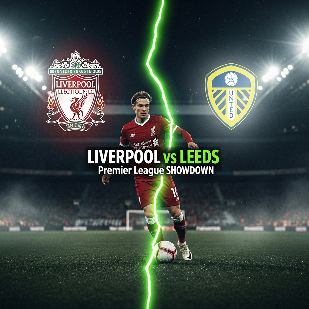 16:9 cinematic football match-up thumbnail featuring Liverpool and Leeds United crests separated by a vibrant lime green energy bolt, with bold text "LIVERPOOL vs LEEDS".