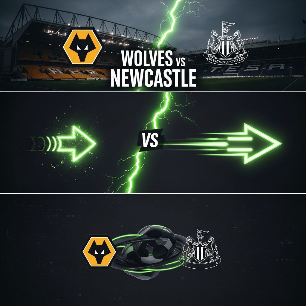 A 16:9 cinematic thumbnail for a football match preview. The image has a dark, moody tone with vibrant lime green accents. The screen is split diagonally. On the top-left, the Wolverhampton Wanderers club crest glows faintly against a blurred, dark background of the Molineux stadium lights at night. On the bottom-right, the Newcastle United club crest glows similarly against a dark, blurred background of St. James Park. Where the two halves meet, a jagged, energetic bolt of lime green lightning crackles across the centre, symbolizing the clash. The text "WOLVES vs NEWCASTLE" is written in a bold, modern, sans-serif font in the middle of the image, overlaid on the lightning effect.