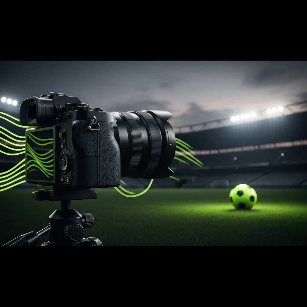 A dramatic, cinematic 16:9 thumbnail for a blog post about football videography with a modern mirrorless camera and a vibrant lime green football.
