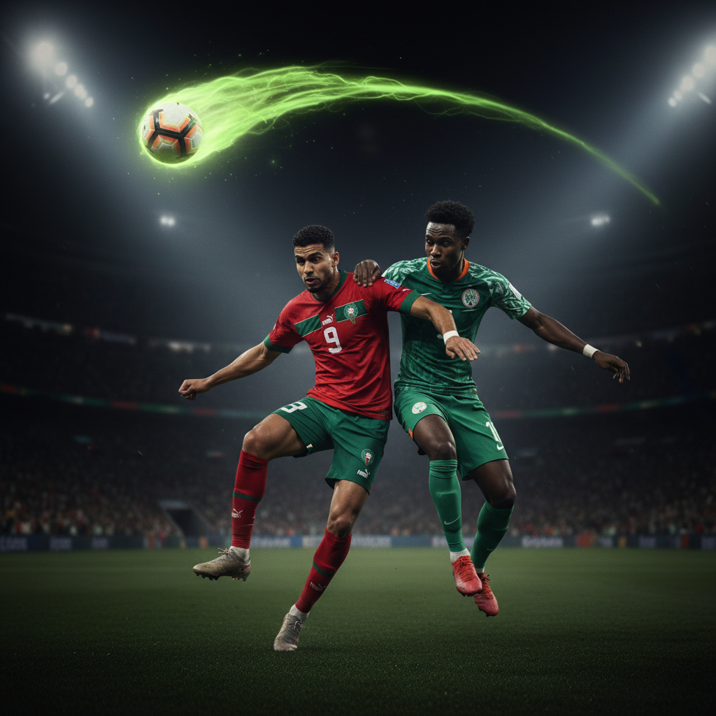 Moroccan and Nigerian players in a tense duel during the AFCON 2025 semi-final.