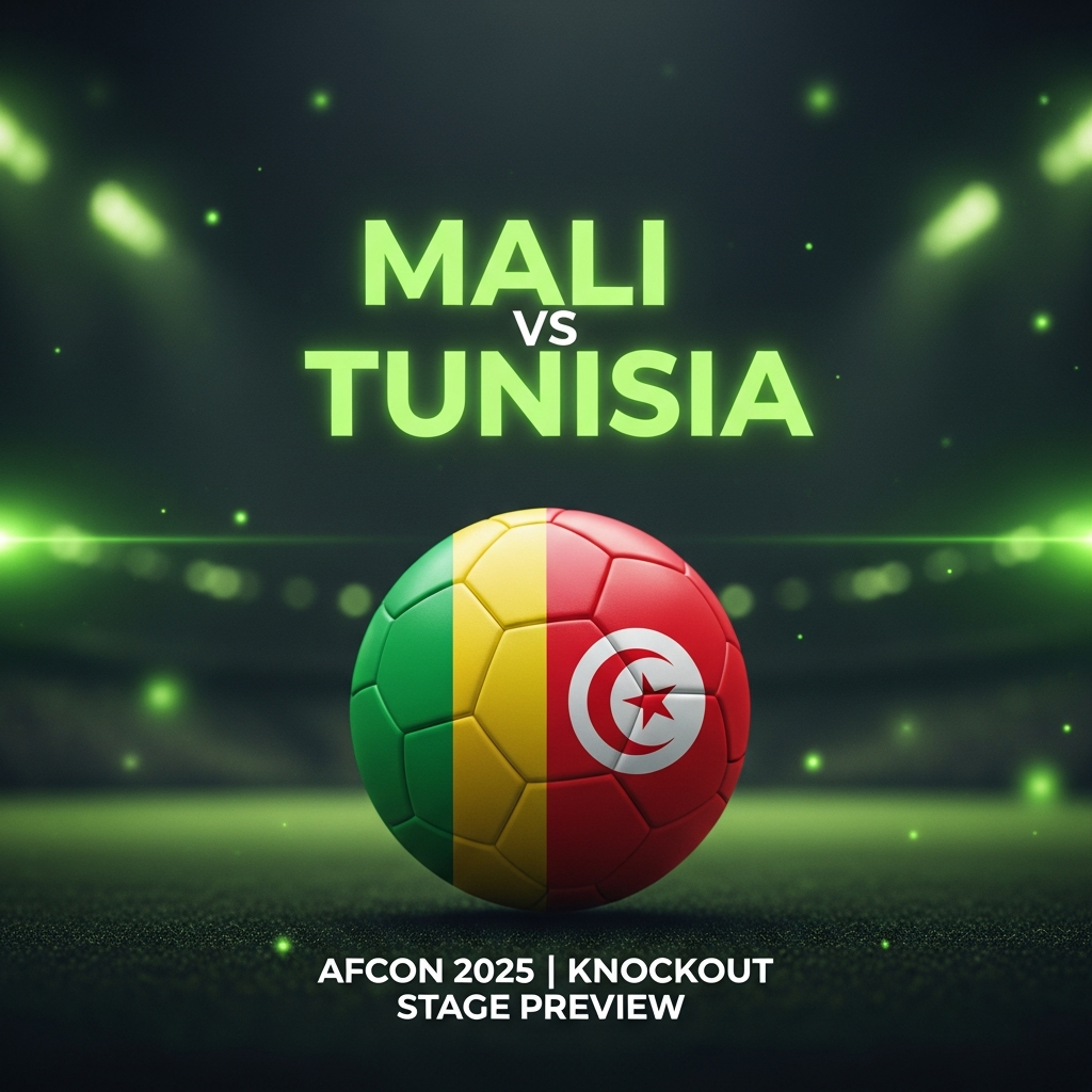 A high-resolution, cinematic 16:9 thumbnail for a football blog post. The design has a dark, moody tone with vibrant lime green accents. In the center, a football is stylized to be half of the Malian flag and half of the Tunisian flag, creating a split crest effect. Above the ball, the text "MALI vs TUNISIA" is written in a bold, modern, sans-serif font in lime green. Below the ball, smaller text in a clean white font reads "AFCON 2025 | KNOCKOUT STAGE PREVIEW". The background is a dark, abstract pattern reminiscent of a stadium\