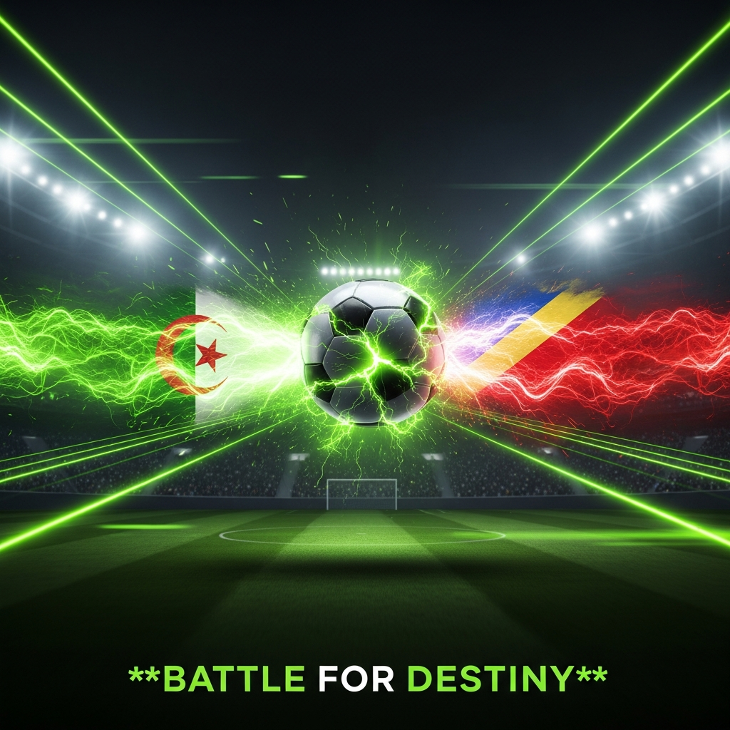 A 16:9 cinematic, dark-toned thumbnail for a football blog post. The background is a moody, abstract representation of a packed stadium at night, shrouded in shadow. Two powerful, opposing energy forces clash in the center. On the left, a vibrant lime green energy wave, subtly incorporating the star and crescent of the Algerian flag. On the right, a similar energy wave in red and yellow, with a hint of blue, representing the DR Congo flag. Where the energies meet, a glowing, metallic football hovers, cracking with lime green light. The overall color scheme is dark and dramatic, dominated by blacks, deep grays, and punctuated by the electrifying lime green and secondary flag colors. The text "BATTLE FOR DESTINY" is written in a bold, modern, lime green font at the bottom.