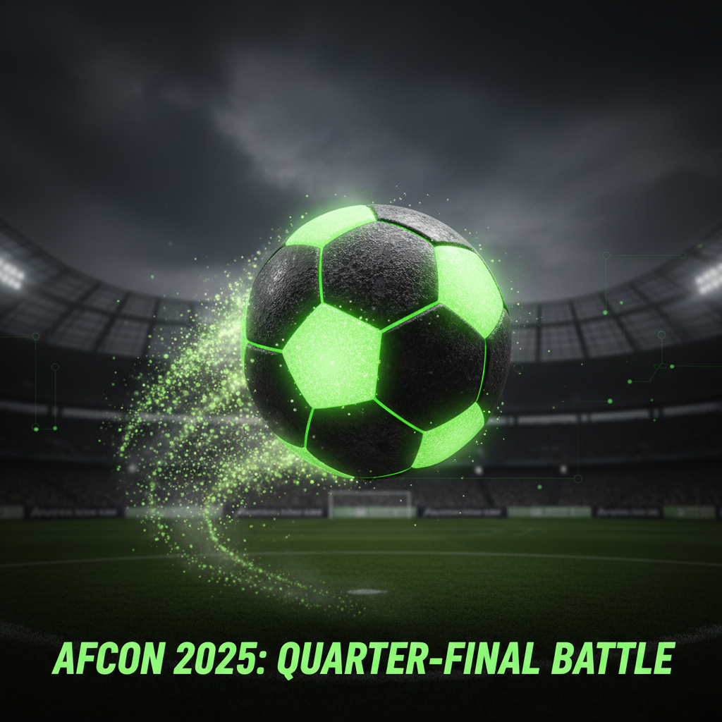 A footballer's boot kicking a ball, stylized with a dark tone and vibrant lime green highlights to convey action and power.