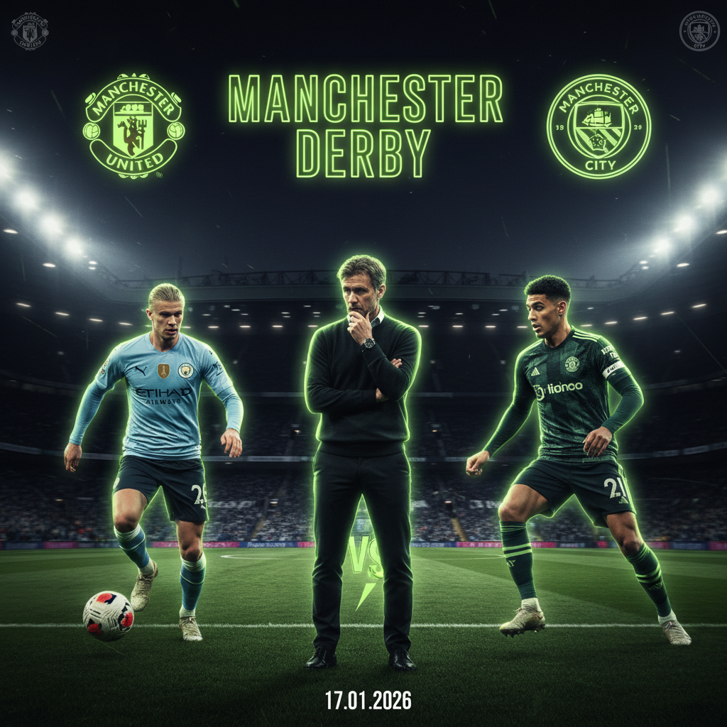 Michael Carrick on the Old Trafford touchline with a lime green and dark color theme.