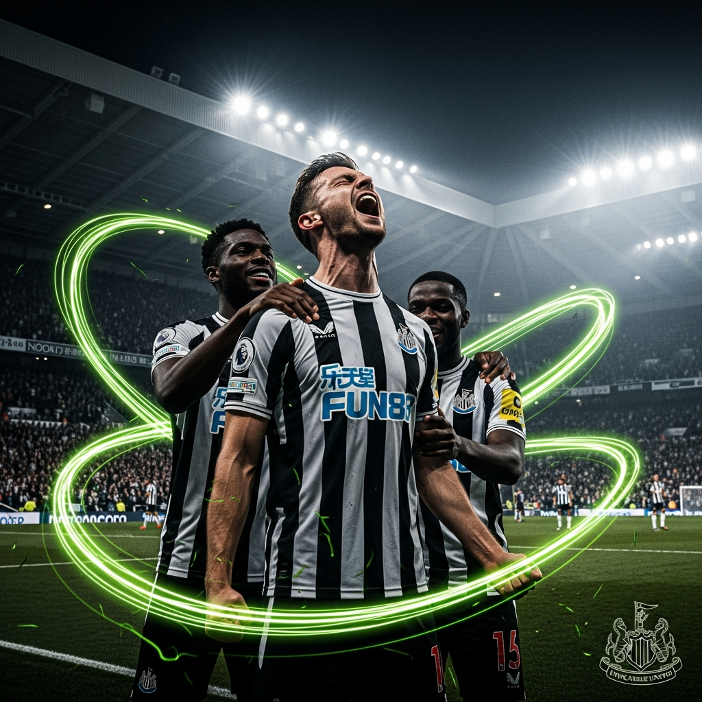 Newcastle United players celebrating a goal in a dark, atmospheric stadium with lime green light trails.