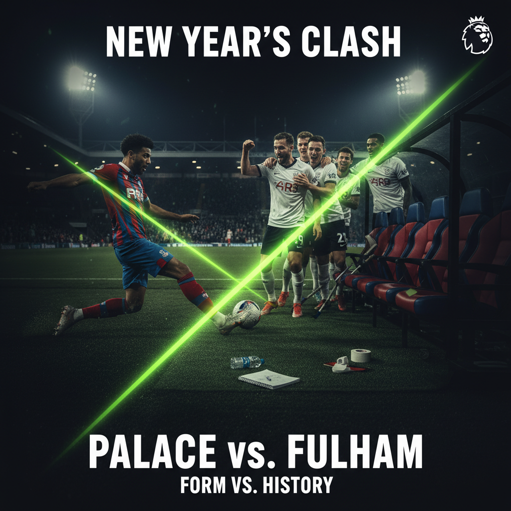 The empty Crystal Palace dugout at Selhurst Park, highlighted by a lime green light, representing the team's injury crisis before the Fulham match.