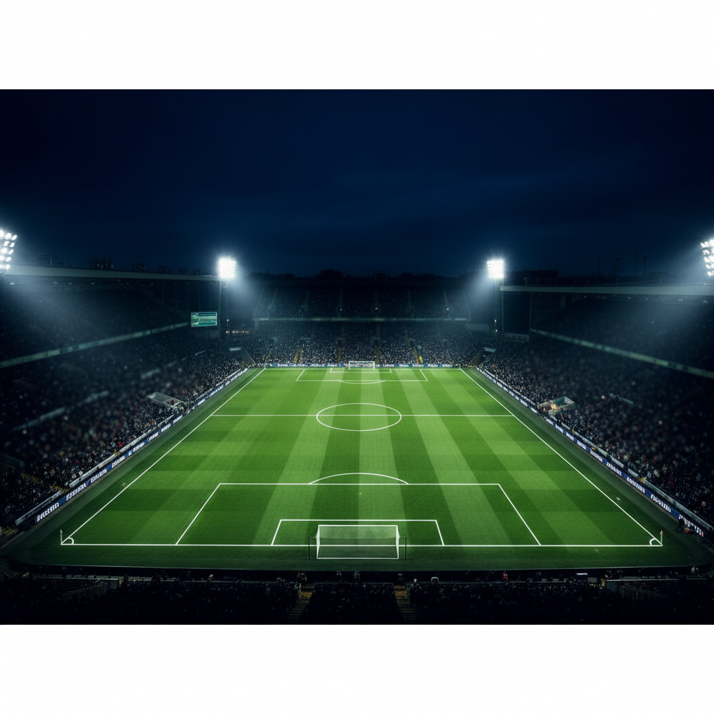 The pitch at Hill Dickinson Stadium illuminated by floodlights with vibrant lime green markings before the Everton vs Wolves match.