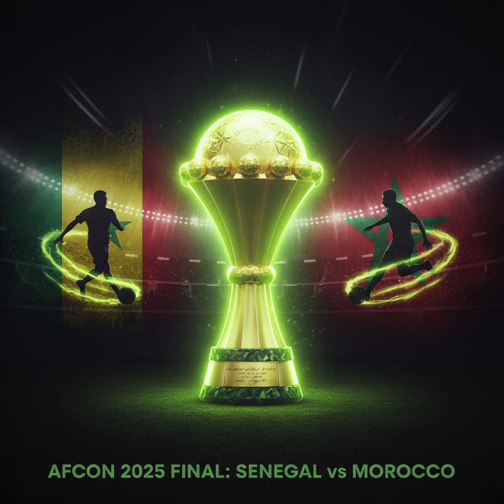The Prince Moulay Abdellah Stadium in Rabat at night, lit in a lime green and dark color scheme for the AFCON 2025 final.
