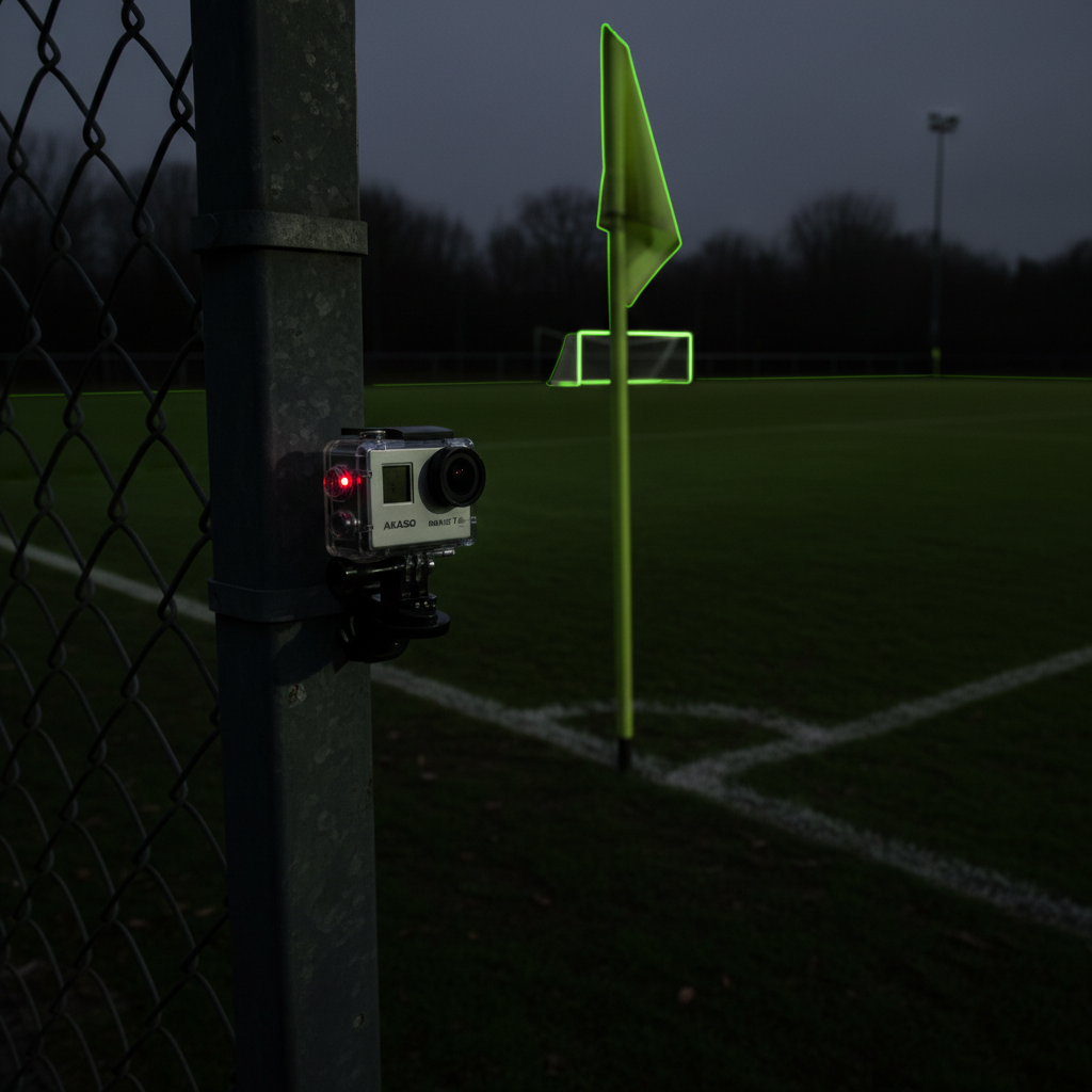 Handheld camcorder with a long zoom lens focused on a football goal during a match.