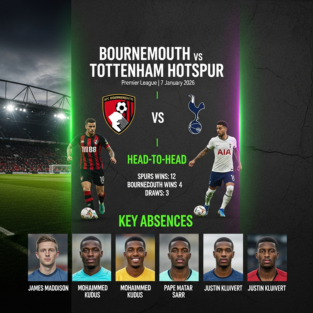 A 16:9 cinematic football match thumbnail with a dark, moody tone. The background is a dimly lit Vitality Stadium. The image is split, with the AFC Bournemouth crest on the left and the Tottenham Hotspur crest on the right, both glowing with a vibrant lime green neon effect. The text "BOURNEMOUTH vs TOTTENHAM HOTSPUR" is in the center in a bold, white, modern sans-serif font, casting a subtle lime green shadow. Below it, in smaller text, reads "Premier League | 7 January 2026".