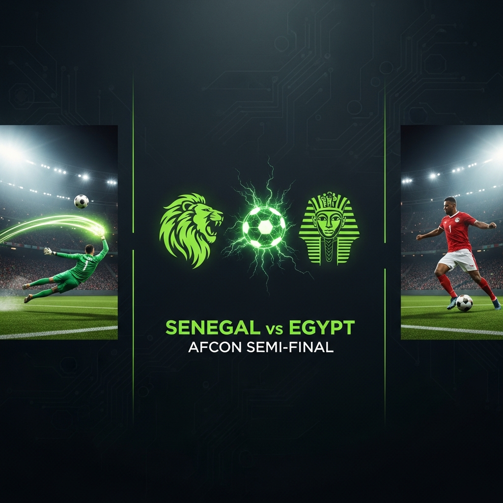 A dramatic 16:9 thumbnail with a dark, moody background. On the left, a stylized, glowing lime green silhouette of a roaring lion representing Senegal. On the right, a glowing lime green silhouette of a Pharaohs mask representing Egypt. Between them, a football crackles with lime green energy. The text "SENEGAL vs EGYPT" is in a bold, modern font at the bottom, with "AFCON SEMI-FINAL" in a smaller font underneath. The overall tone is intense and futuristic.