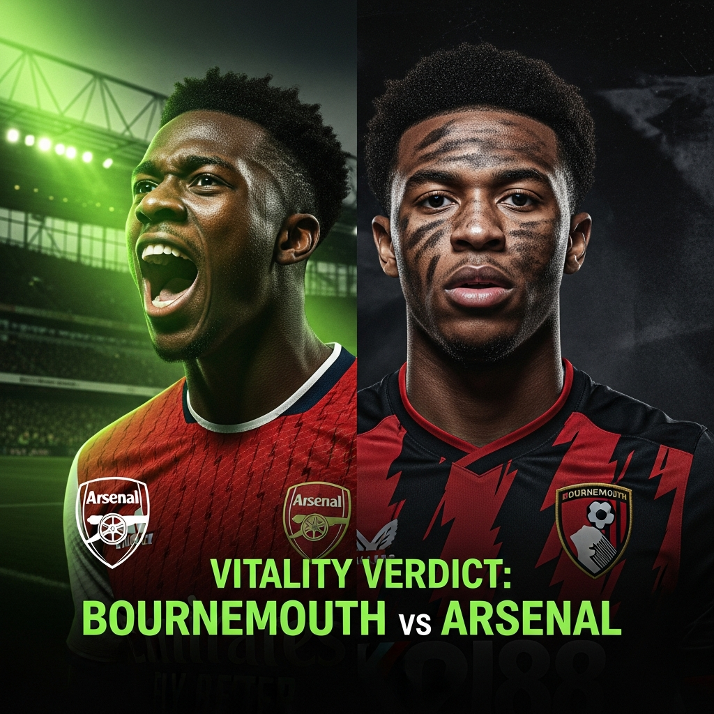A dramatic, high-contrast 16:9 thumbnail for Vitality Verdict: Bournemouth vs Arsenal