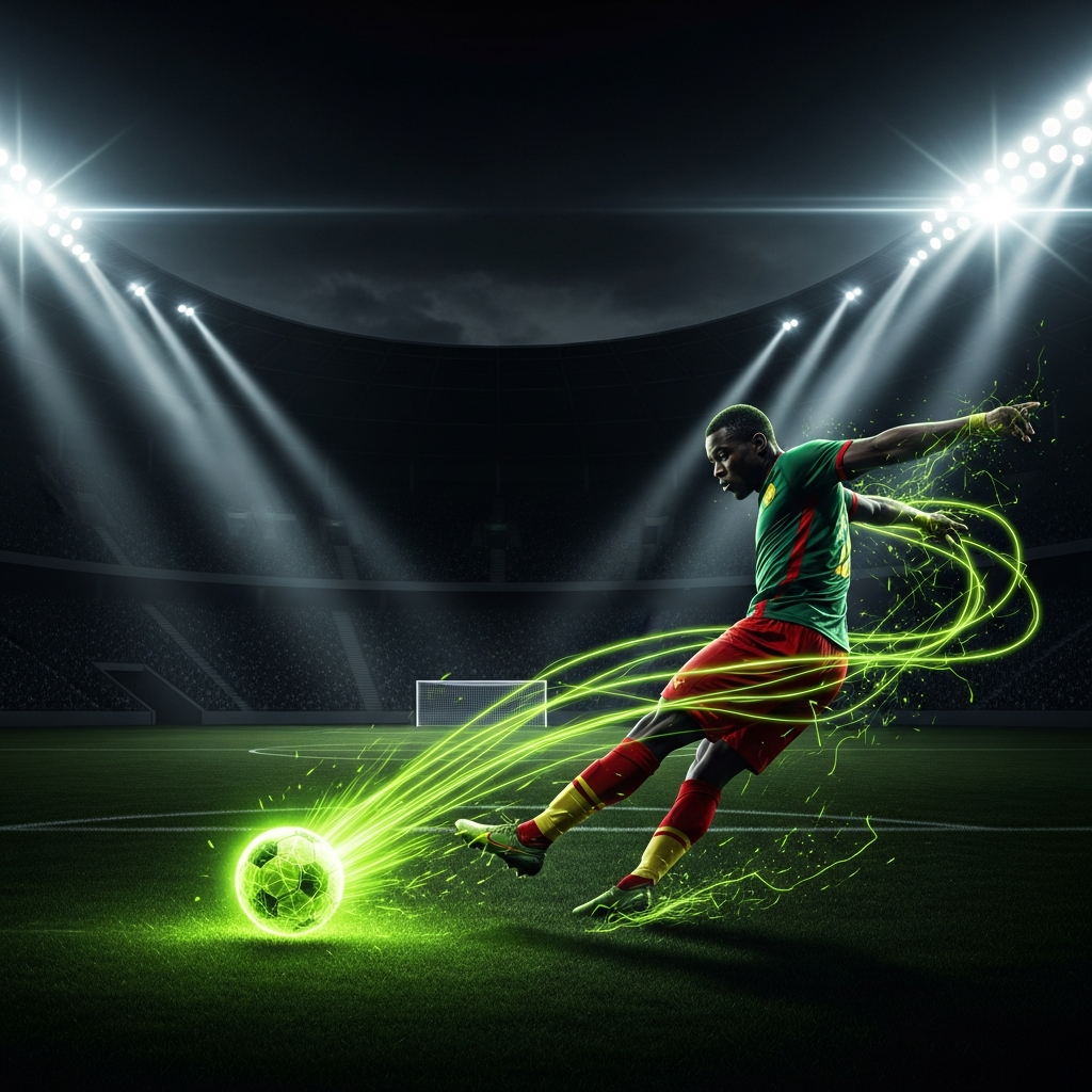 A 16:9 cinematic, dark-toned digital art piece capturing the peak moment of a football match. A player, representing Cameroon, has just struck a football, which is depicted as a glowing, lime-green energy sphere streaking towards the top corner of a goal. The background is a dark, atmospheric stadium with blurred lights. Dynamic lines of lime-green light trail the ball and the player, emphasizing motion and power. The overall mood is dramatic and intense, with a high-contrast color scheme of deep blacks, charcoal grays, and vibrant lime green.